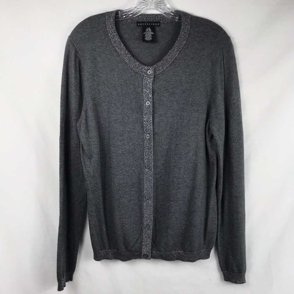 APOSTROPHE Charcoal Gray Cardigan Sweater w/Metallic Threaded Collar Womens L